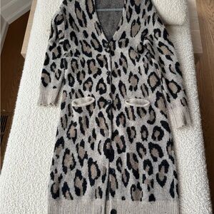 R13 Leopard Print Cashmere Long Button-Front Sweater Cardigan - Beige/Black